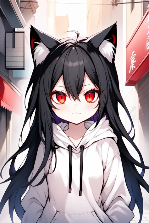 a cat girl, white hoodie down, street
gradient red eyes, long hair, small breast, black hair, cat ears, extremely detailed eyes,...