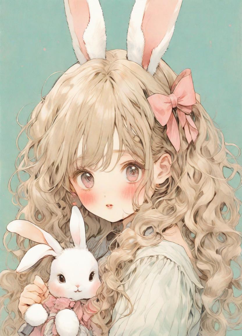 Anime girl with long curly hair holding a white bunny - SeaArt AI