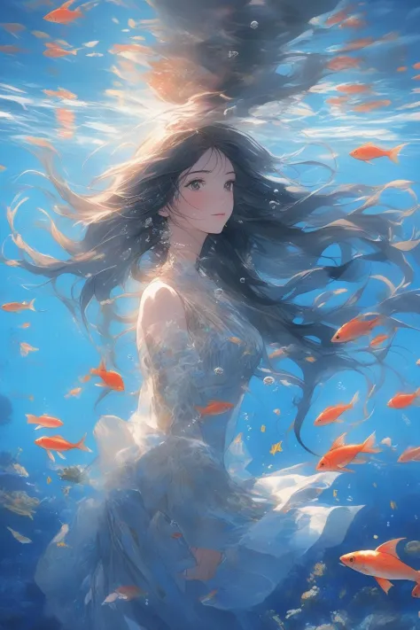 (masterpiece, best quality, highres, anime), (1girl, long hair, looking at viewer, blush, underwater, fish, ocean),