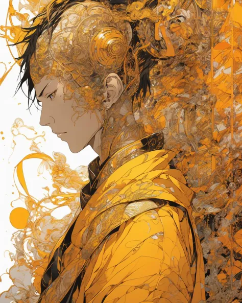 elaborate portrait of a monk by Laurey Greasley and Takeshi Obata, desire to achieve enlightenment, nirvana, yellow, orange, cyb...