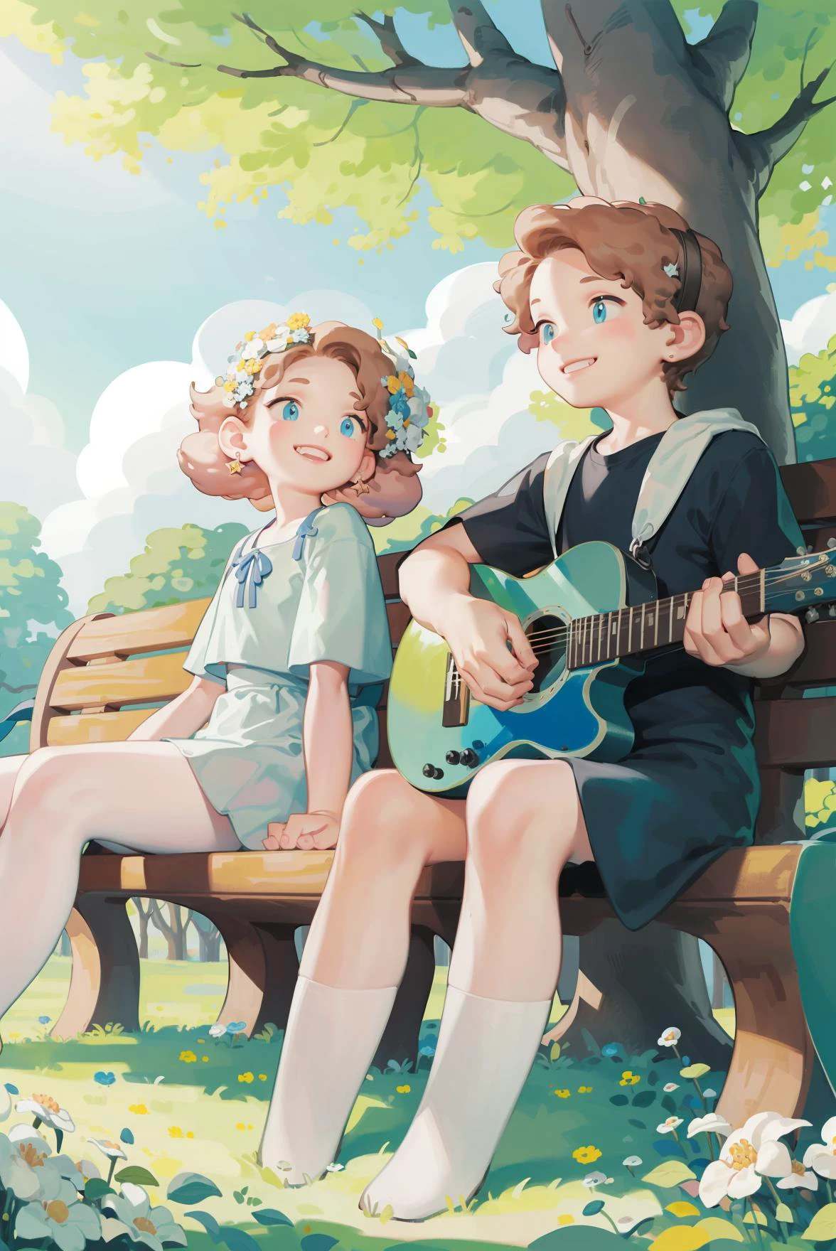 A girl and a boy are sitting on a park bench.  1boy is playing the guitar. smile, happy,   in trees, forests and sunshine. sunshine, the mottled shadows, the blue sky and white clouds.Watercolor style, bright colors, sunny.green high saturation  dappled sunlight, (Colorful)  animal ears,, masterpiece, best quality,