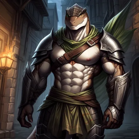 a man in armor standing in a narrow alley with a sword