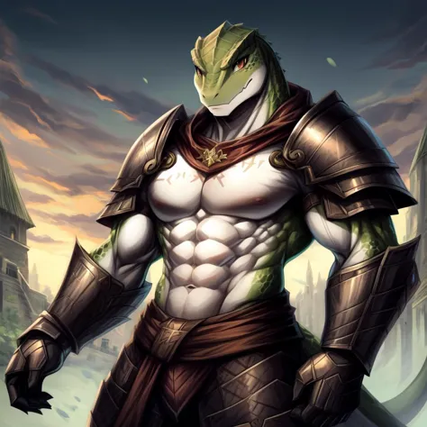 ((((white, brown, green, ), lizard), muscular, abs, armor, powerful warrior in the Overlord's army, handsome and dashing face, d...