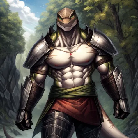 ((((white, brown, green, ), lizard), muscular, abs, armor, powerful warrior in the Overlord's army, handsome and dashing face, d...