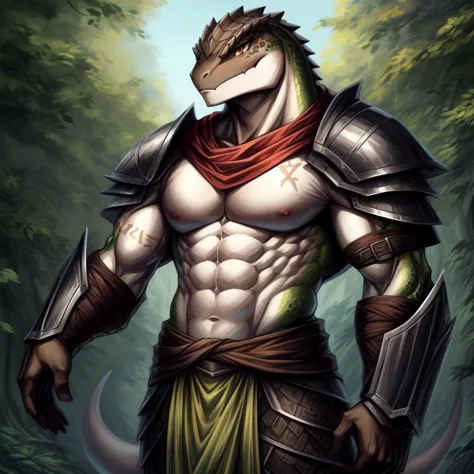 ((((white, brown, green, ), lizard), muscular, abs, armor, powerful warrior in the Overlord's army, handsome and dashing face, d...