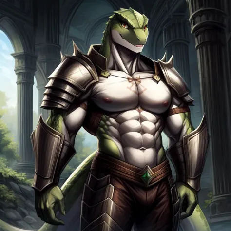 ((((white, brown, green, ), lizard), muscular, abs, armor, powerful warrior in the Overlord's army, handsome and dashing face, d...
