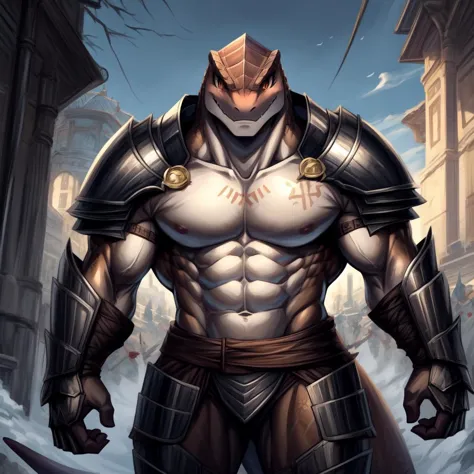 ((((brown, ), lizard), muscular, abs, armor, powerful warrior in the Overlord's army, handsome and dashing face, dark armor, det...