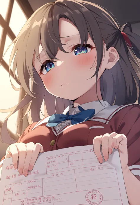 anime girl holding a piece of paper with a list on it