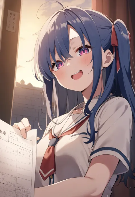 anime girl with long blue hair holding a piece of paper