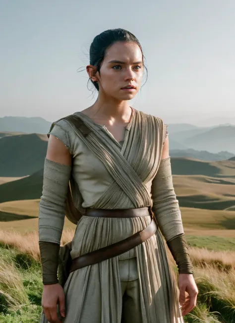 a woman in a star wars outfit standing in a field