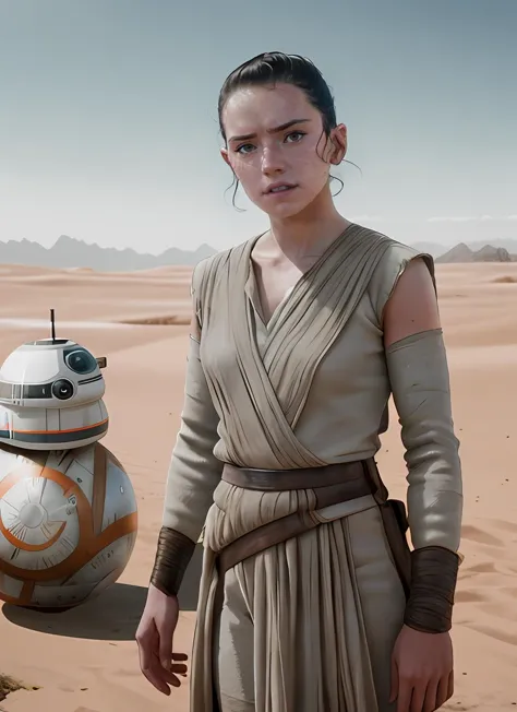 a woman in a dress stands next to a bb - 8 robot