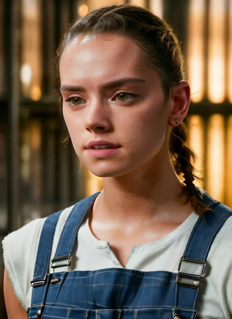 a close up of a woman with a ponytail in a blue overalls