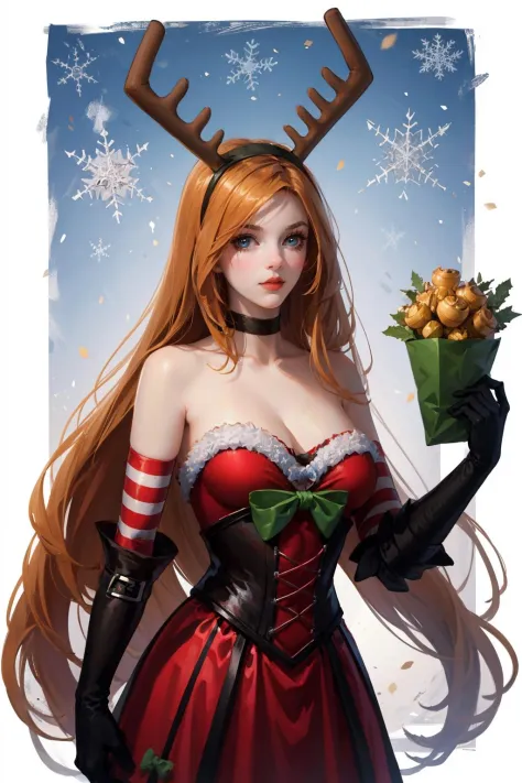 (masterpiece, best quality:1.2), intricate details, <lora:GoodHands-beta2:1>, <lora:lol_slay_belle_katarina-000018:1>, slay belle katarina, 1girl, strapless, antlers, fur trim, long hair, choker, striped, elbow gloves, cleavage, christmas