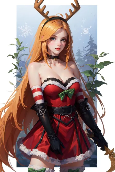 (masterpiece, best quality:1.2), intricate details, <lora:GoodHands-beta2:1>, <lora:lol_slay_belle_katarina-000018:1>, slay belle katarina, 1girl, strapless, antlers, fur trim, long hair, choker, striped, elbow gloves, cleavage, christmas