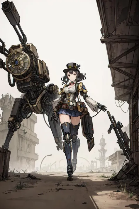 ((best quality, high_resolution, distinct_image)), girl, mecha,action,detailed background,steampunk,