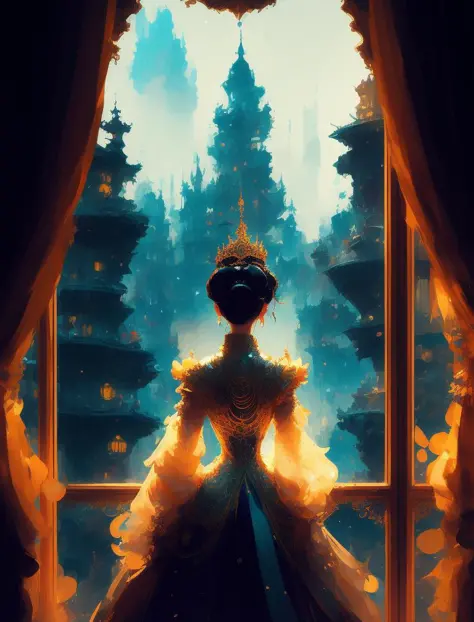 trapped princess looking at the viewer from behind the window, royal clothes, 3d render pixar stylemodel made of hiroaki takahas...