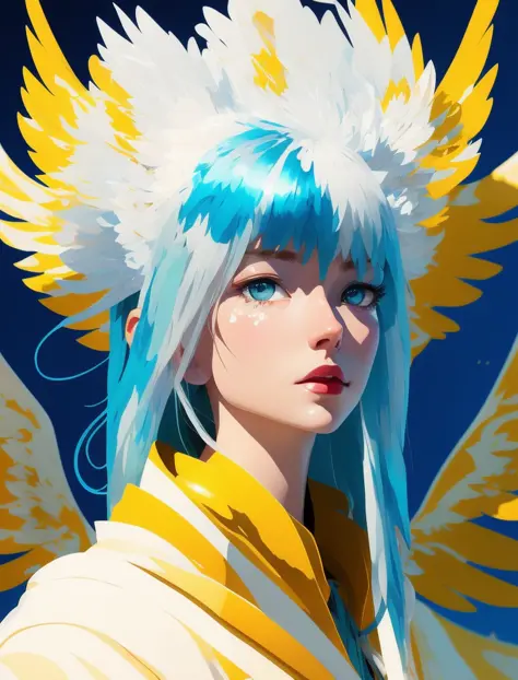 front view of an angel looking at the camera, beautiful face, blue eyes, long yellow hair, cute, big white wings, white long rob...