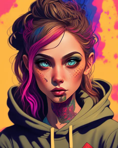 ink art, vector, girl  with dragon tatto , wearing a hoodie and a earphone, colorful background, highly detailed,  face-detail, ...