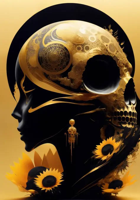 3/4 side view gold marble skull with gold filigree inlay surrounded by black sunflowers model made of hiroaki takahashi art ultr...