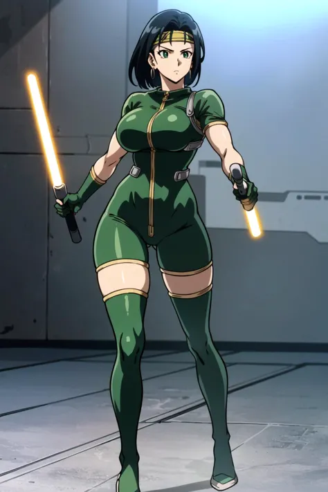 B Orchid, 1girl, solo, headband, black hair, green bodysuit, green thighhighs, thighhighs, earrings, gloves, bodysuit, jewelry, upper body, holding, holding weapon, lightsabers, dual wielding, standing, mature woman, (shonen anime style, masterpiece, Best Quality, Extremely Detailed, Ultra Quality, 4k)