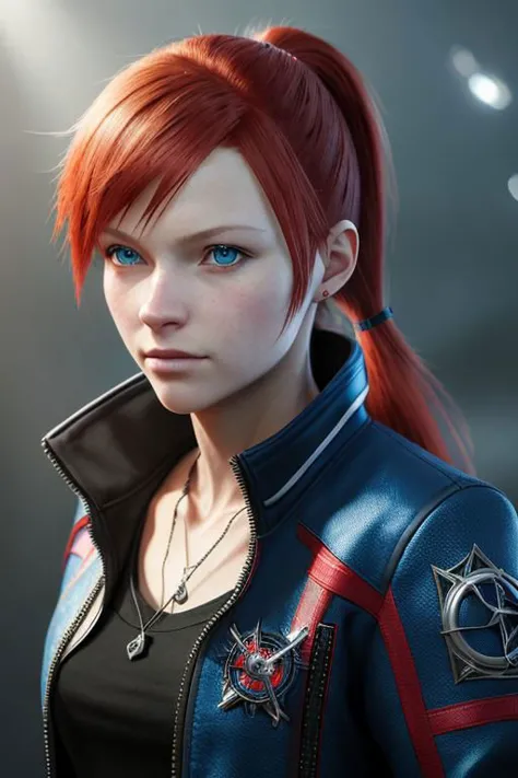 a woman with red hair and blue eyes in a black jacket