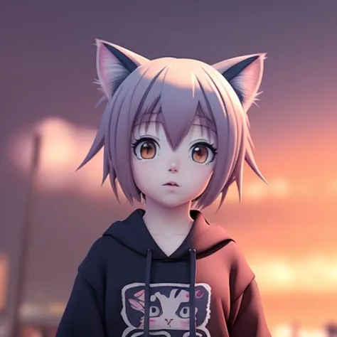 anime girl with cat ears and hoodie standing in front of a sunset