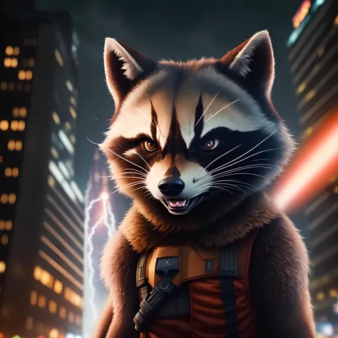 rocket raccoon in the city with a lightning bolt in the background