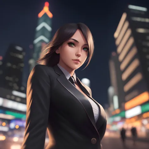 a woman in a suit standing in front of a city at night