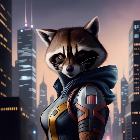 rocket raccoon in a futuristic suit standing in front of a city