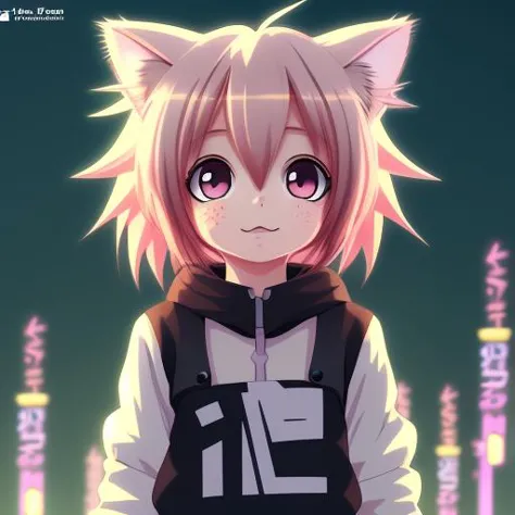 anime girl with pink hair and cat ears standing in front of a city