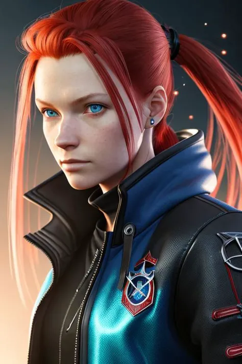 ((best quality)), ((masterpiece)), ((realistic)), adult woman, red hair, ponytail, blue eyes, red jacket, black shorts, final fantasy, kingdom hearts, light particles, light rays, illustration, highly detailed, sharp focus, digital render, professional, 4k, artstation, close up, portrait