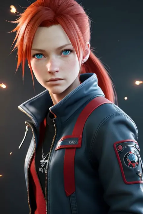 a woman with red hair and blue eyes in a black jacket