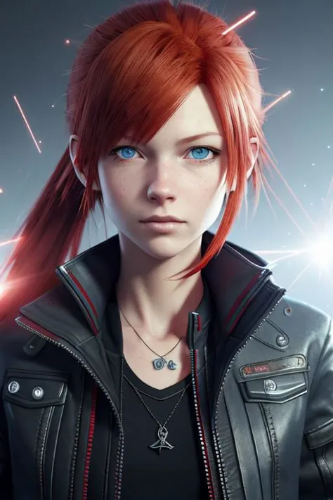 a woman with red hair and blue eyes in a black jacket