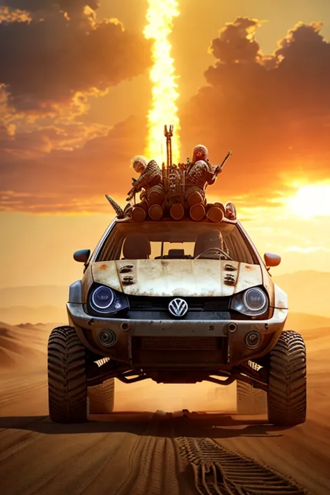 <(photo (MAD MAX fury road style) lifted Volkswagen Golf mk5)>, ((hatchback car)), with big off-road tires, in front of destroyed factory, centered, <lora:add_detail:0.5>, sunrays, sunlight, cinematic lighting,