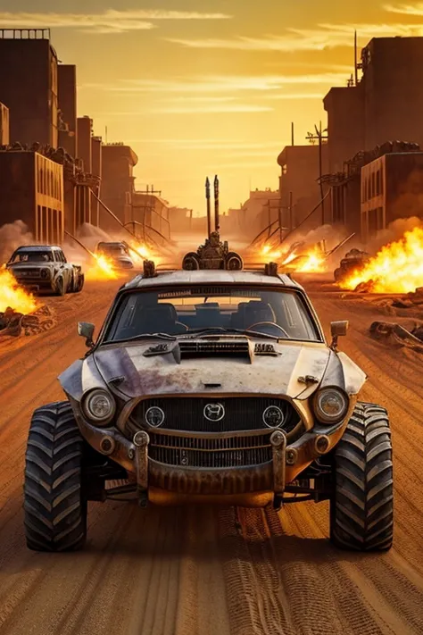 <photo (MAD MAX fury road style) mazda 6 (2018)>, (off-road tires), (with big rear tractor whels), in front of destroyed factory, centered, 4k, 1 woman in black leather jacket,