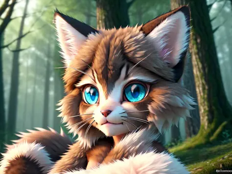 ( furry body) , (realistic fur), fluffy tail, blush, species that looks like a cross between  girl and a  cat, a happy , cinematic lighting ,4k, in the forest, cute , breasts, sleep on the back , legs spread, happy face, big blue eyes,