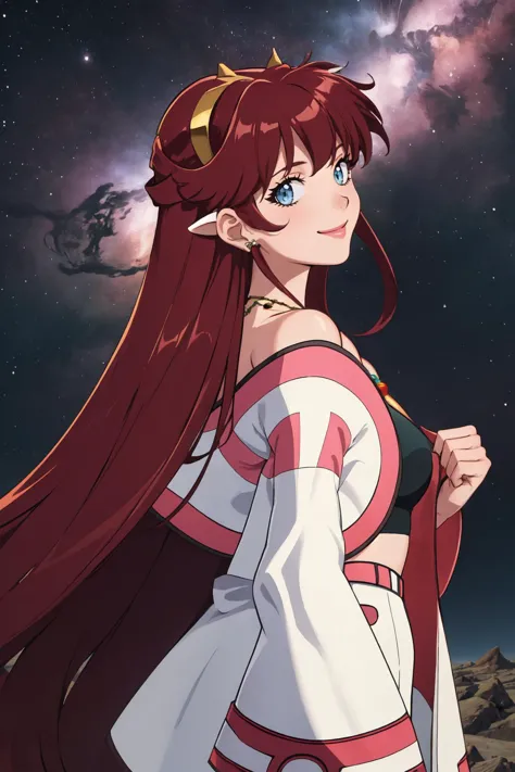 a woman with long red hair and a white dress standing in front of a starr sky