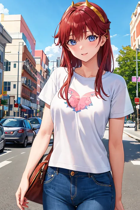 anime girl with red hair and blue eyes walking down the street