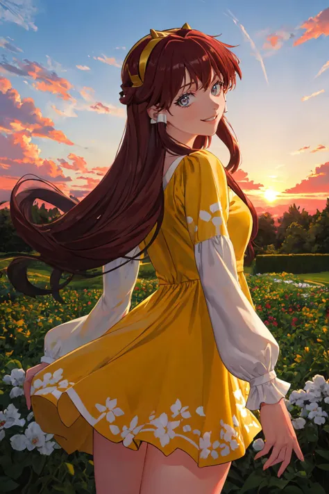 a woman in a yellow dress standing in a field of flowers