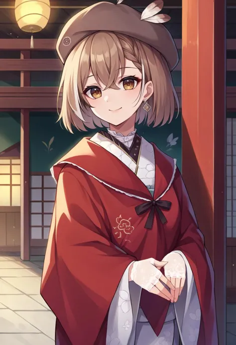 score_9, score_6_up, source_anime, 1girl, solo, japanese town, mumei_newyears, short hair, braided bangs, beret, feathers, white kimono, floral print, red shawl, wide sleeves, black ribbon, lace gloves, earrings, light smile <lora:mumeiXL:1>