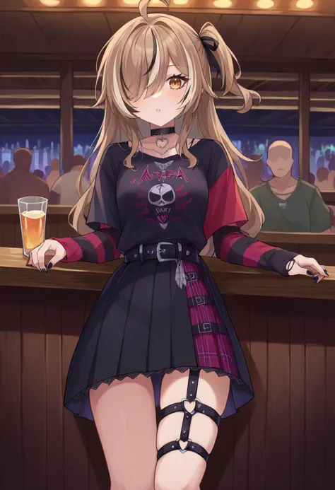 a woman in a black and red dress standing at a bar