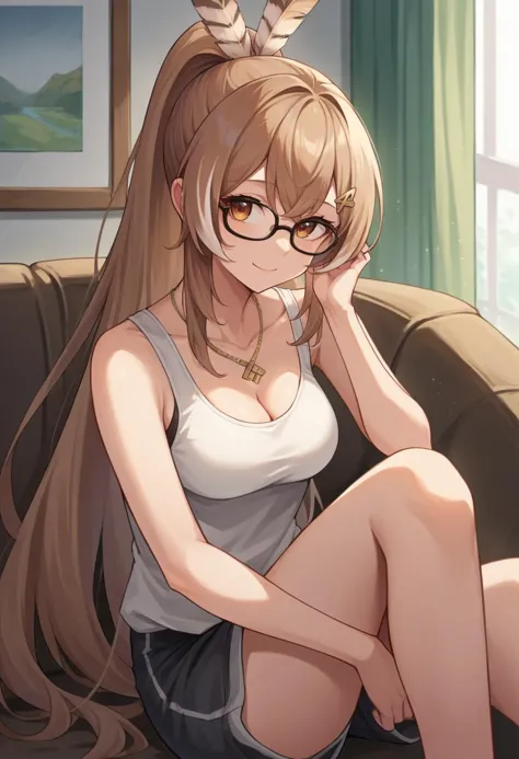 score_9, score_8_up, source_anime, 1girl, solo, mumei, ponytail, very long hair, feather hair ornament, hairclip, medium breasts, glasses, tank top, cleavage, necklace, sleeveless, shorts, smile, indoors, sitting, on couch, <lora:mumeiXL:0.8>