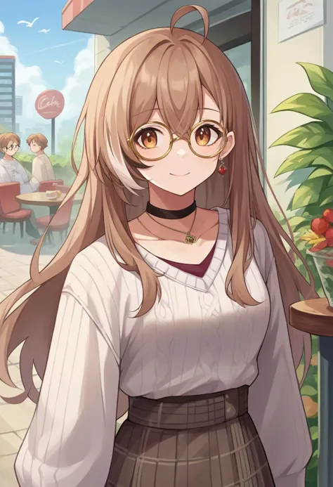 score_9, score_6_up, source_anime, 1girl, solo, outdoors, cafe, plant, mumei_casual, long hair, ahoge, black choker, white sweater, round eyewear, plaid skirt, necklace, earrings, light smile <lora:mumeiXL:1>