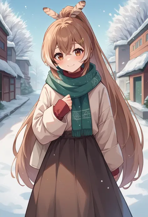 a girl with long hair and a scarf standing in the snow