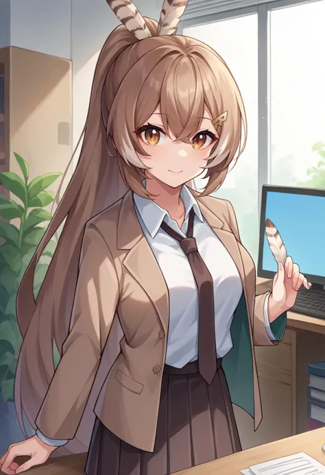 score_9, score_6_up, source_anime, 1girl, solo, office, mumei, ponytail, very long hair, feather hair ornament, hairclip, collared shirt, brown suit, necktie, pleated skirt, light smile, medium breasts <lora:mumeiXL:0.8>