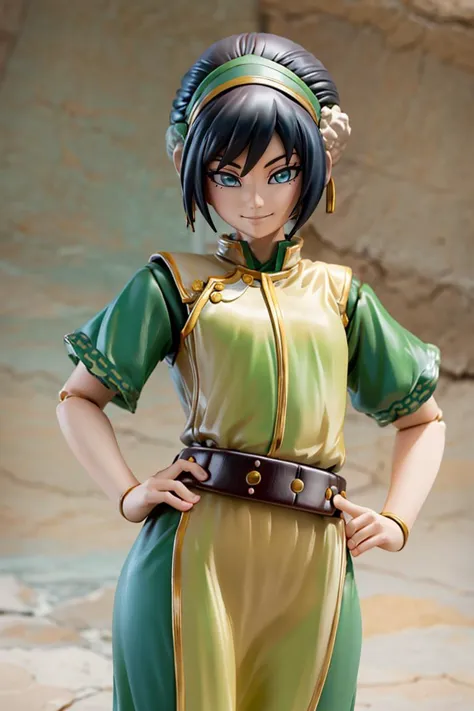 <lora:Anime_Figure:0.8>, figure, ((masterpiece,best quality)), <lora:toph_beifong_v1:0.75>, 1girl, solo, black hair, hairband, belt, short hair, dress, blue eyes, hair bun, green hairband, blind, chinese clothes, hair bun, green dress, short sleeves, cowboy shot, pelvic curtain,smile, hand on hip, contrapposto