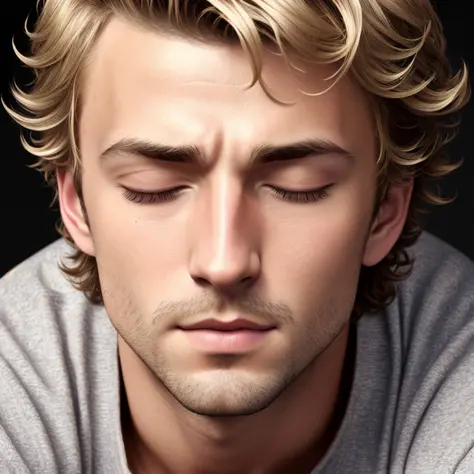 (((photographic, photo, photogenic))), ( sexy),  (detailed face, detailed nose) (man)(JerichoV2,:1) (((eyes closed))), short blond curls, laying on bed, black collar tattoo,  Male, man, young man,