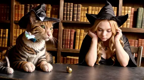 tiktok photography medieval witch and her ([cat:tiger:0.63]), black-grey loose robes, (small hat), (woman), shiny eyes, pearl skin, intricate detail, lace, medieval architecture, (library), (professional), Intricate material, coarse, High Detail, patterns,...
