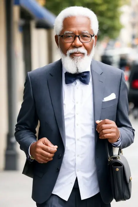 (street photograhy) photogenic handsome elderly black man in suit with trimmed white beard, smirking at camera, briefcase in hand, (photo photograph photogenic) composition dof rule of thirds aesthetic sharp focus dof