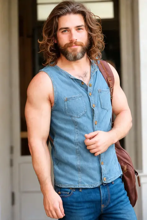 photogenic handsome mature man in tank-top and denim jeans with full beard muscular, with long curly messy brown hair, (((freckles))), smirking at camera, backpack on back, (photo photograph photogenic) composition dof rule of thirds aesthetic sharp focus ...